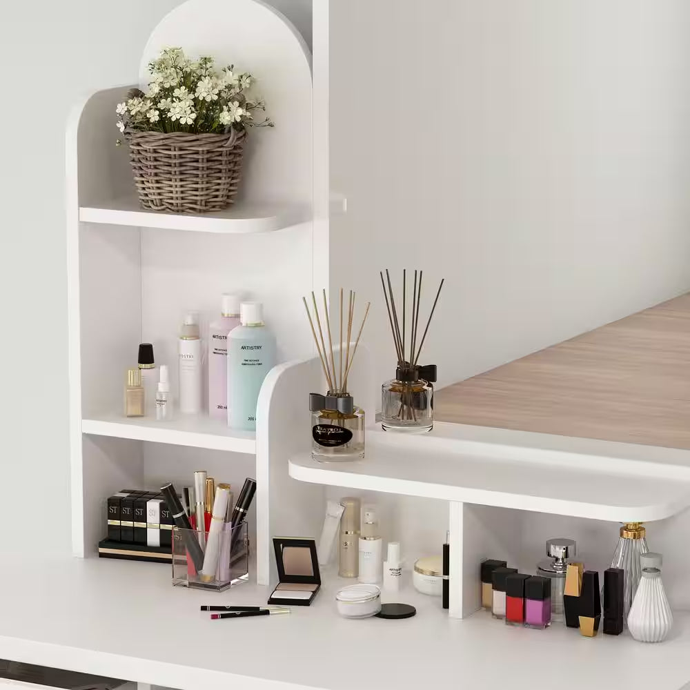 5-Drawer White Bedroom Makeup Vanity Table Wooden Dressing Desk with Mirror and 3-Tier Storage Shelves 55.1 X 31.5