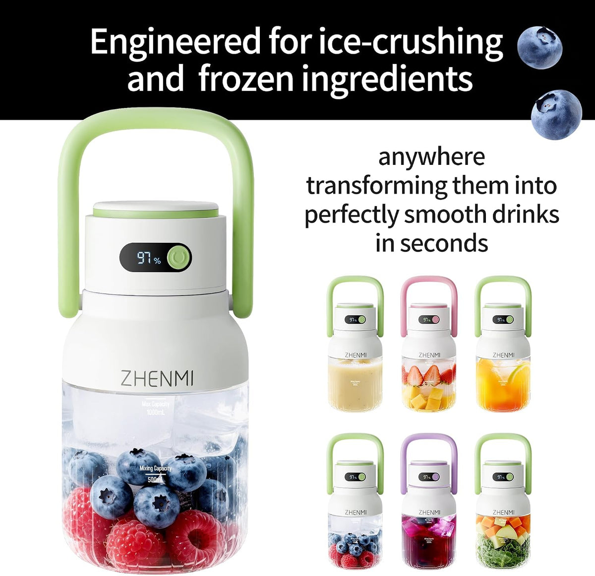 Portable Blender, Personal Blender for Smoothies & Shakes, Cordless, 33Oz Bpa-Free Vessel, 18000RPM Motor, Leakproof Lid with Sip Spout, USB-C Rechargeable, Easy-To-Clean Parts (Green)