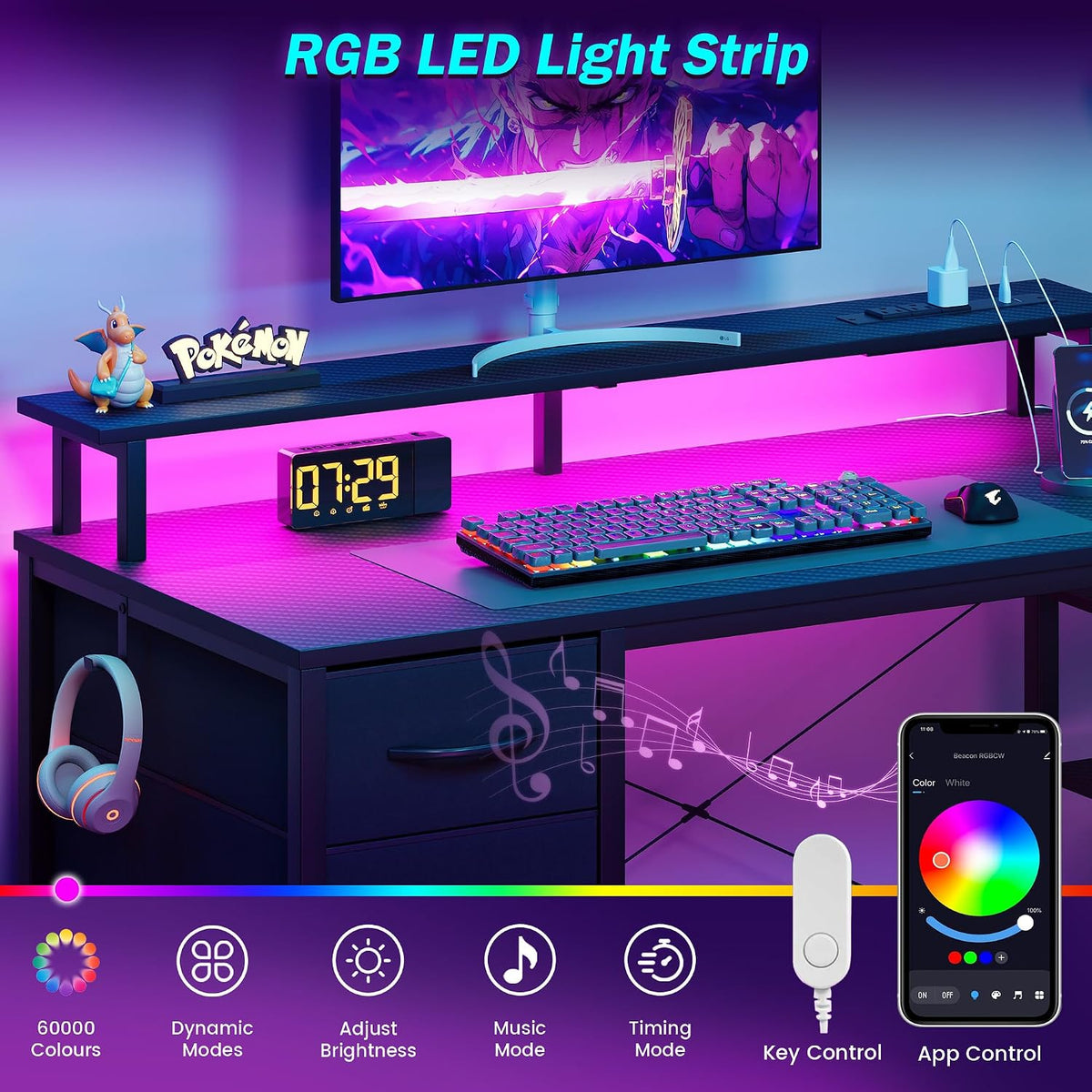59 Inch Gaming Desk with Drawers & PC Tower Stand & LED Lights, Black