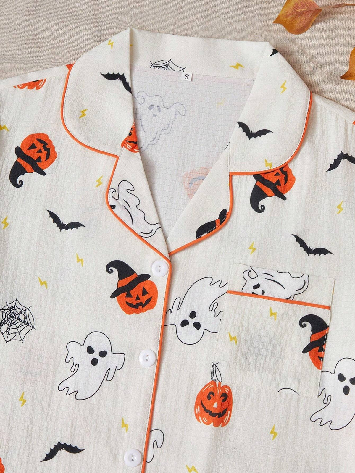 Halloween Pumpkin & Bat Print Lapel Short Sleeve Sleepwear Set