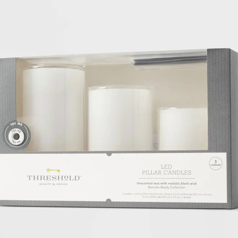 3Pk 3" X 4" 3" X 5" 3" X 6" LED Flameless Black Wick Candles White - Threshold