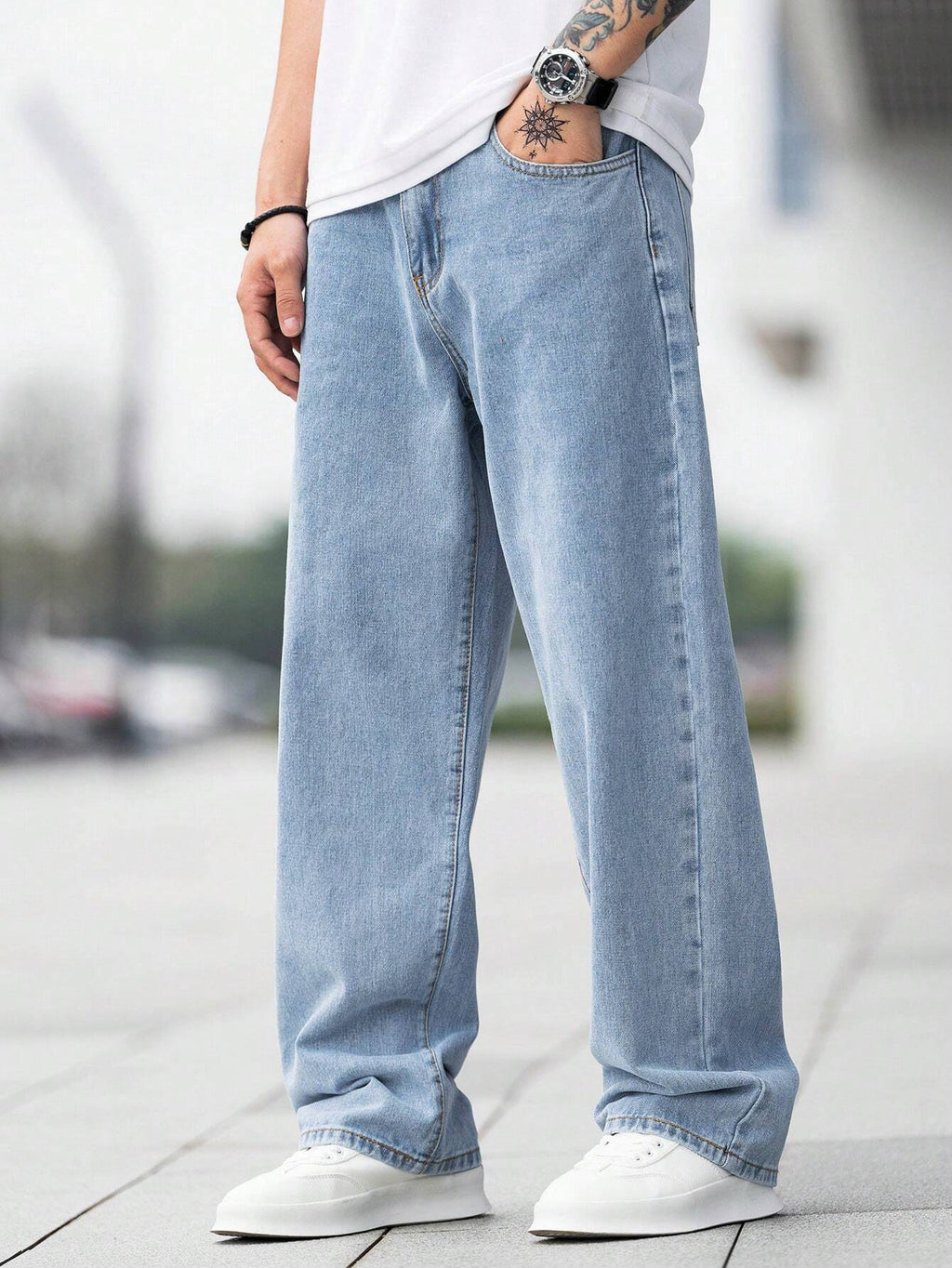 EGENSIO Men'S Loose Fit Cotton Jeans,Baggy Skater Jean with Slant Pockets,Aqua Blue Washed Denim,Summer Casual Streetwear,City Break Urban Y2K Cargo Pants