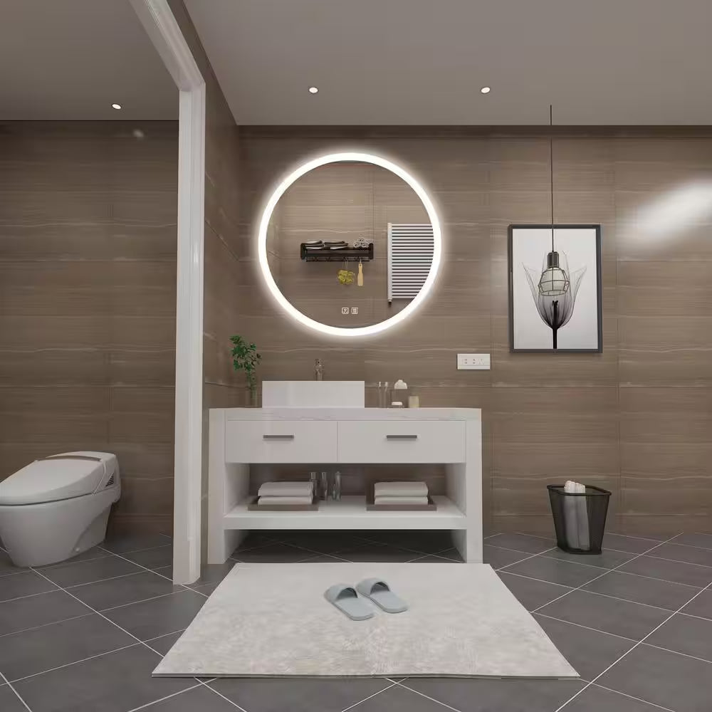 28 In. W X 28 In. H round Frameless LED Light with 3 Color and Anti-Fog Wall Mounted Bathroom Vanity Mirror