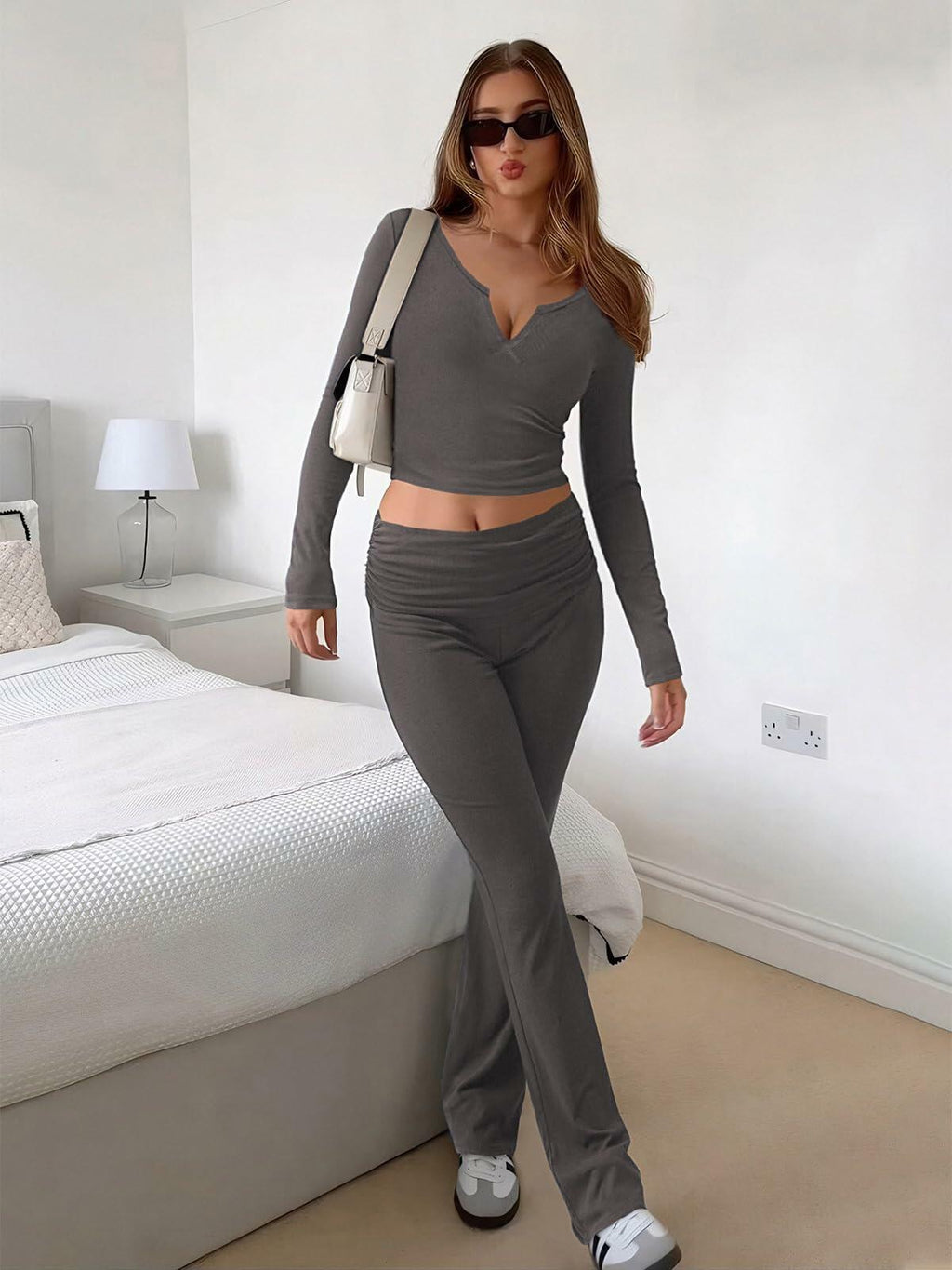 [Like New] FAIRY SEASON Women’s 2pc Lounge Set V-Neck Top Flare Pants Deep Gray S