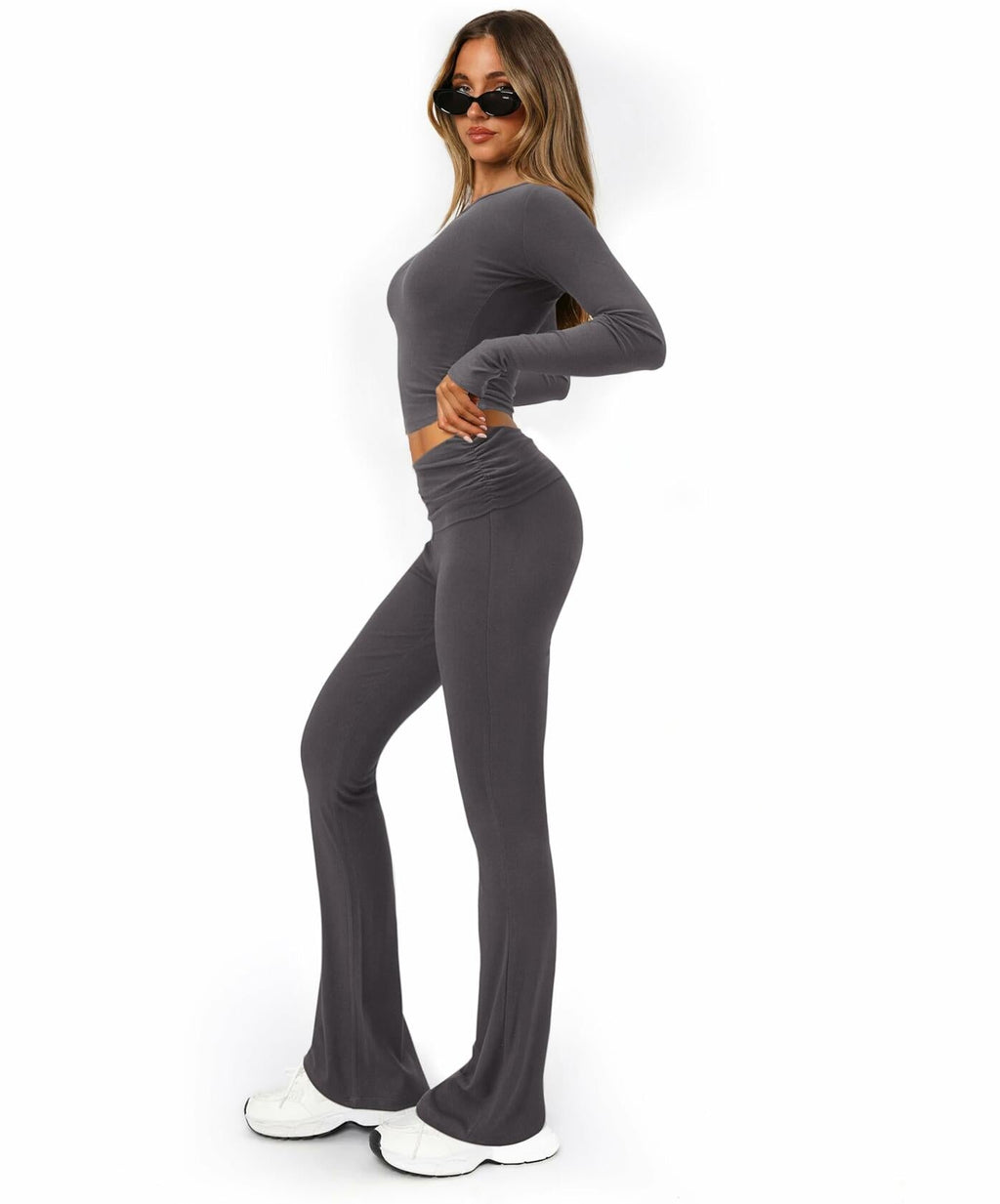 [Like New] FAIRY SEASON Women’s 2pc Lounge Set V-Neck Top Flare Pants Deep Gray S